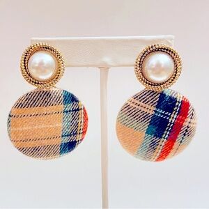 Plaid and Faux Pearl Button Earrings